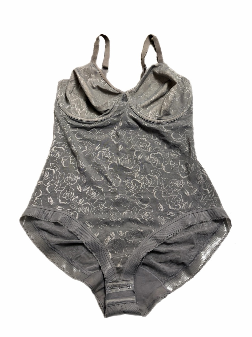 70s/80s European Vintage Jacquard Rose Floral Shapewear Bodysuit Silver/Grey M/L